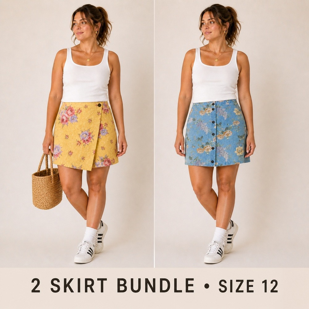 Vintage Floral Skirt Bundle Size 12 Cottagecore 90s Mini Skirts Linen Wrap Skort